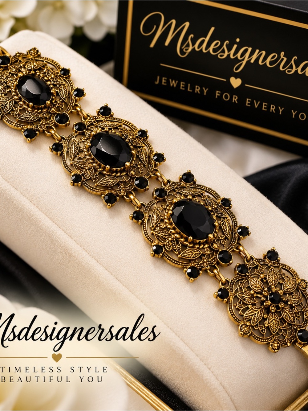 Gold and Black Vintage Filigree Bracelet